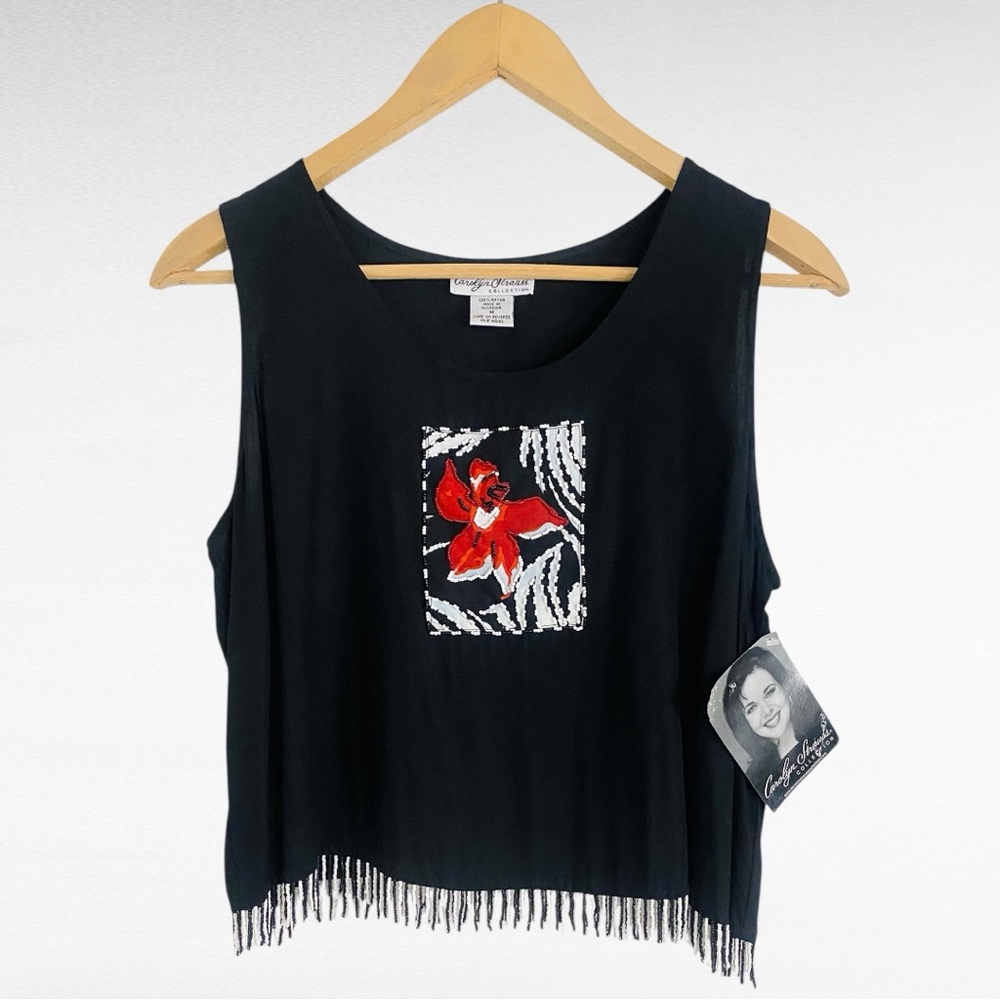 VINTAGE | Carolyn Strauss | Black Beaded Fringe Red Orchid Relaxed Fit Tank Top